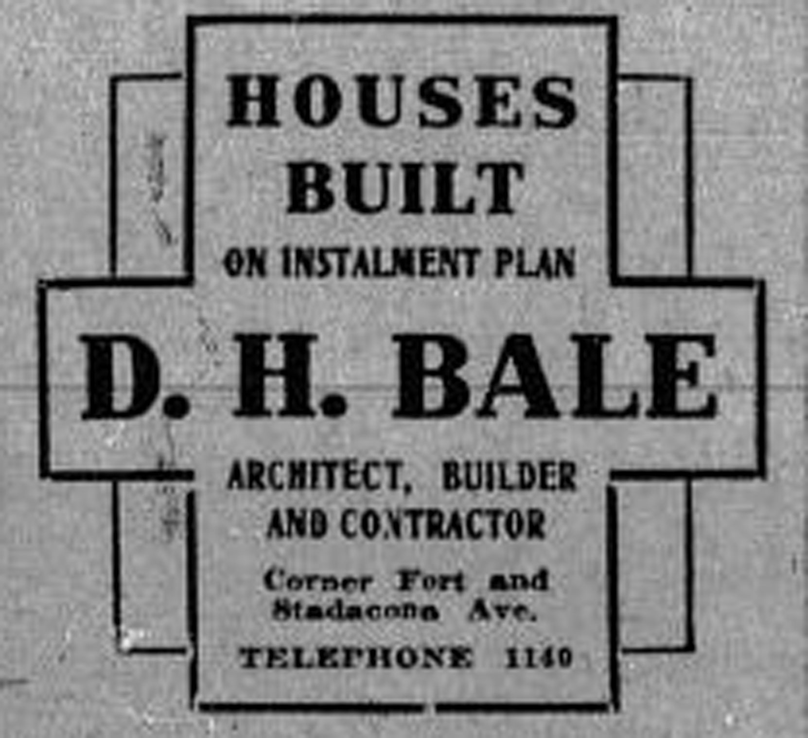 1913 advertisement for Davis H. Bale, "Architect, Builder & Contractor" (Temple Lodge No. 33 Historian)