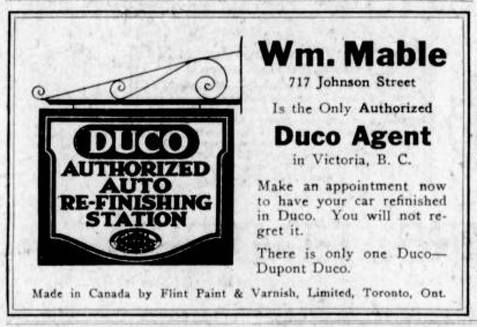 1926 advertisement for William Mable, 717 Johnson Street, Victoria, BC. William Mable was a member of Victoria-Columbia Lodge No. 1 in Victoria. (Temple Lodge No. 33 Historian)