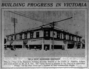 1912 Victoria newspaper report about 1050-1058 Pandora Avenue / 1508-1516 Cooks Street, built for David Russell Ker by architect William Ridgway Wilson