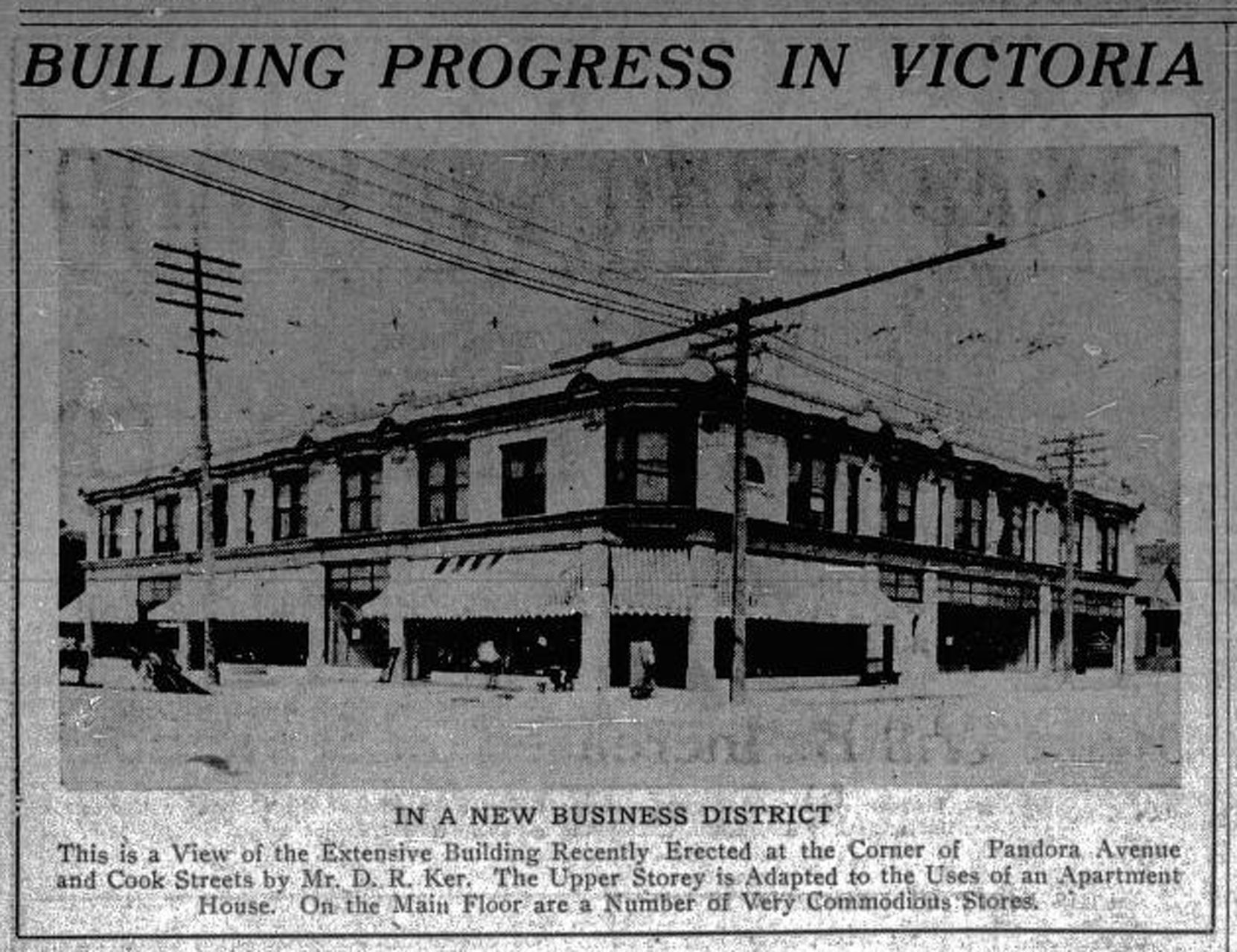 1912 Victoria newspaper report about 1050-1058 Pandora Avenue / 1508-1516 Cooks Street, built for David Russell Ker by architect William Ridgway Wilson
