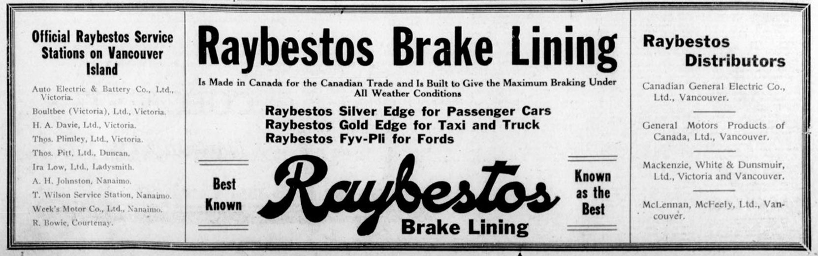 1927 advertisement for Vancouver Island dealers of Raybestos Brake Linings. Thomas Pitt in Duncan, Ira Lowe in Ladysmith and Thomas Plimley in Victoria were all Freemasons. (Temple Lodge No. 33 Historian)