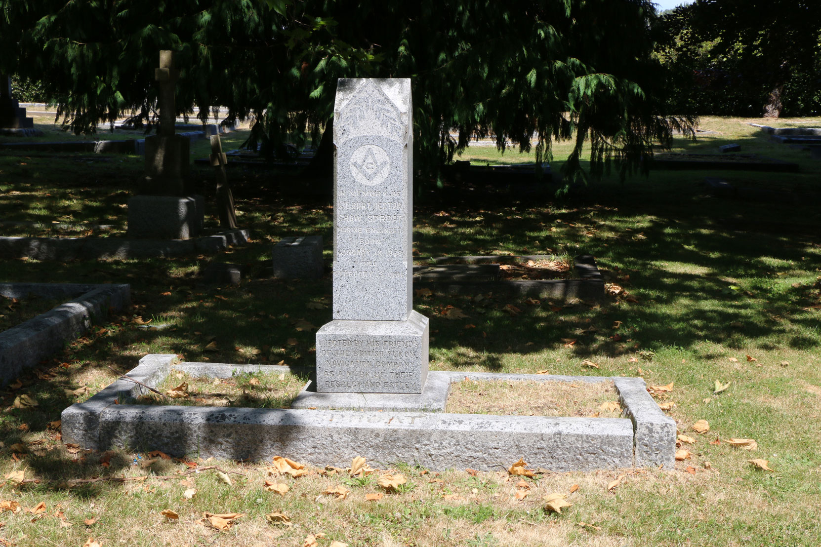 Gilbert Hector Shaw Sproat grave, Ross Bay Cemetery, Victoria, BC (photo: Temple Lodge No. 33 Historian)