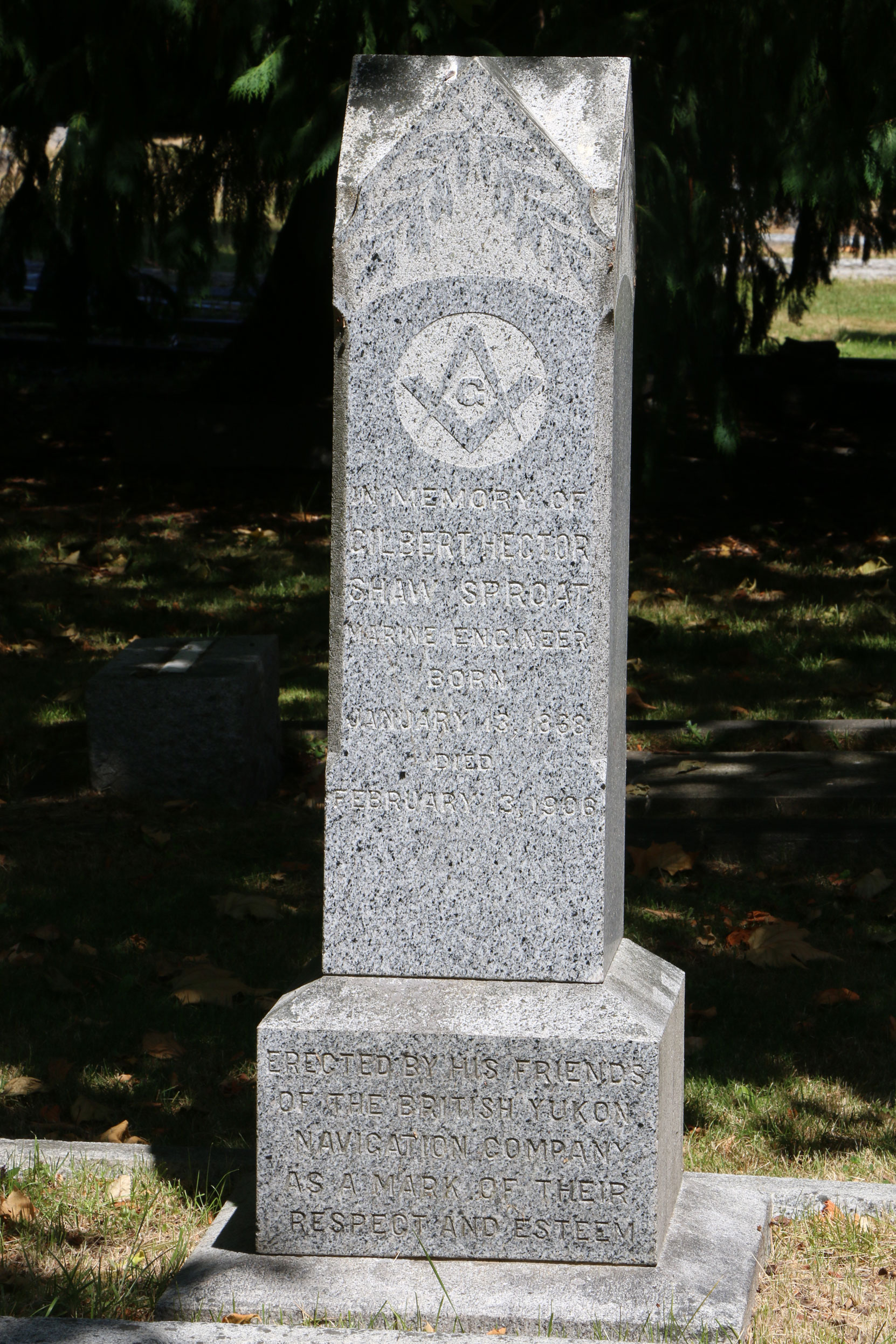 Gilbert Hector Shaw Sproat grave, Ross Bay Cemetery, Victoria, BC (photo: Temple Lodge No. 33 Historian)