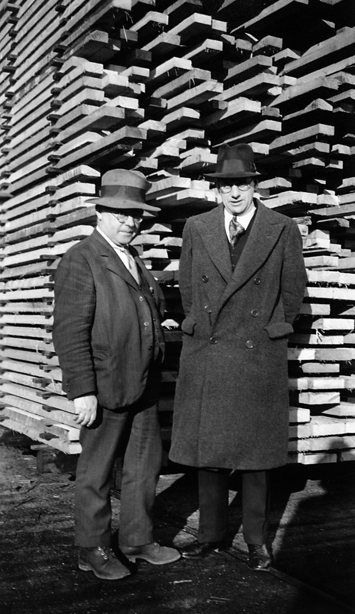 James Dickson Pollock (left) and Adam Dickson (right) at Hillcrest Lumber, Duncan, circa 1930 (photo courtesy of Bruce Pollock. Used with permission)