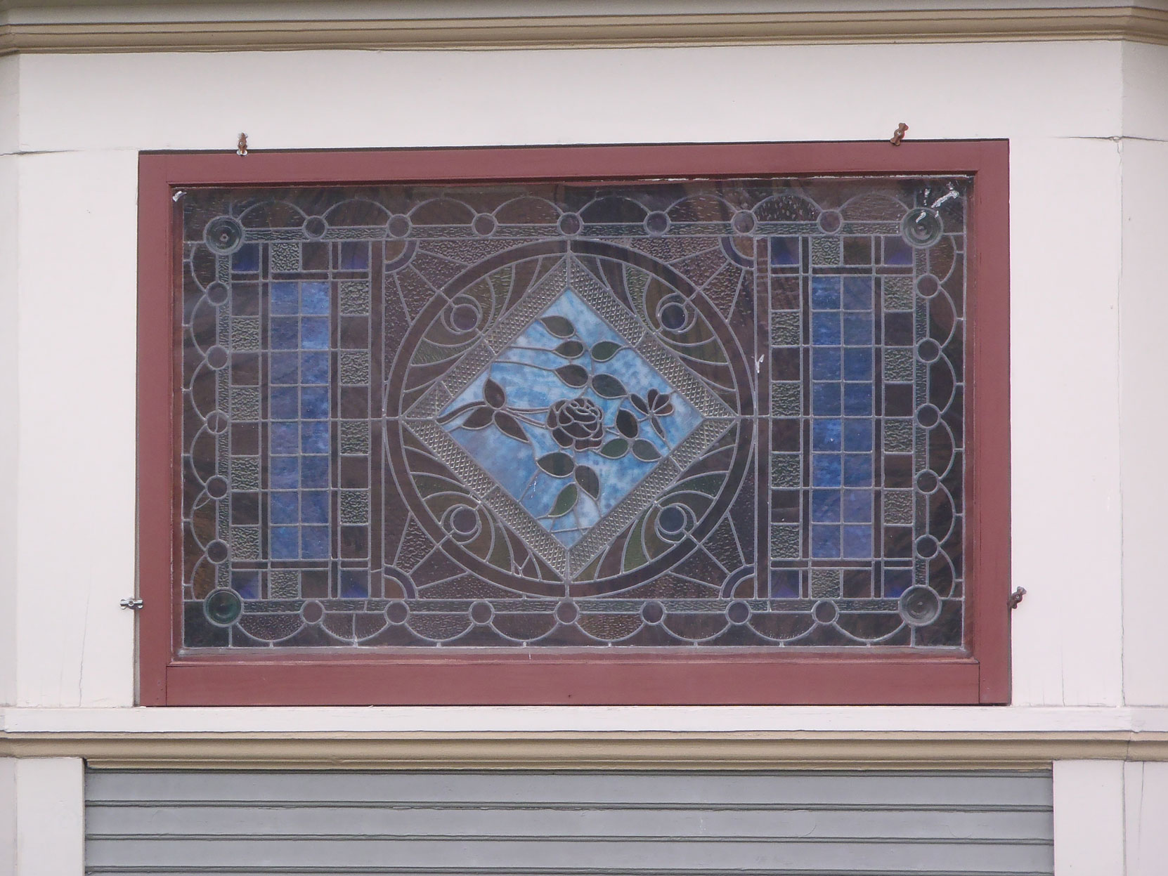 Stained glass detail at 1402 Stadacona Avenue, built for in 1907 by designed/builder David H. Bale as his personal residence. (photo: Temple Lodge No. 33 Historian)