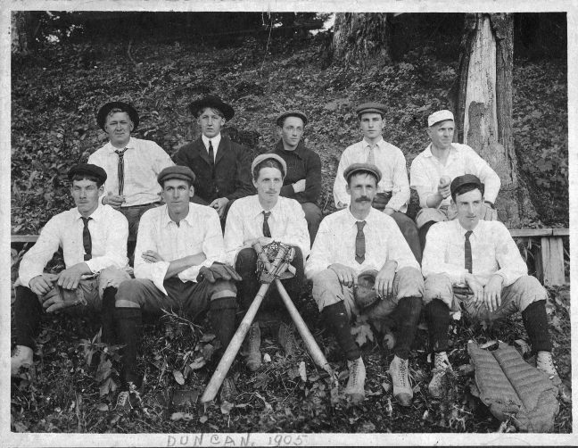 Duncan baseball team, 1905. Back row (L to R) W. Gatt, Alec Gatt, Hope Herd, Jess Gidley (his father William Gidley was a Charter Member of Temple Lodge No. 33), Andrew Peterson. Front Row (L t R) David Alexander (his father David Alexander was a member of Temple Lodge), Kenneth F. Duncan, Ormond T. Smythe, W.R.J. Smythe, Charles Grassie (photo courtesy of Larry Kier - private collection)