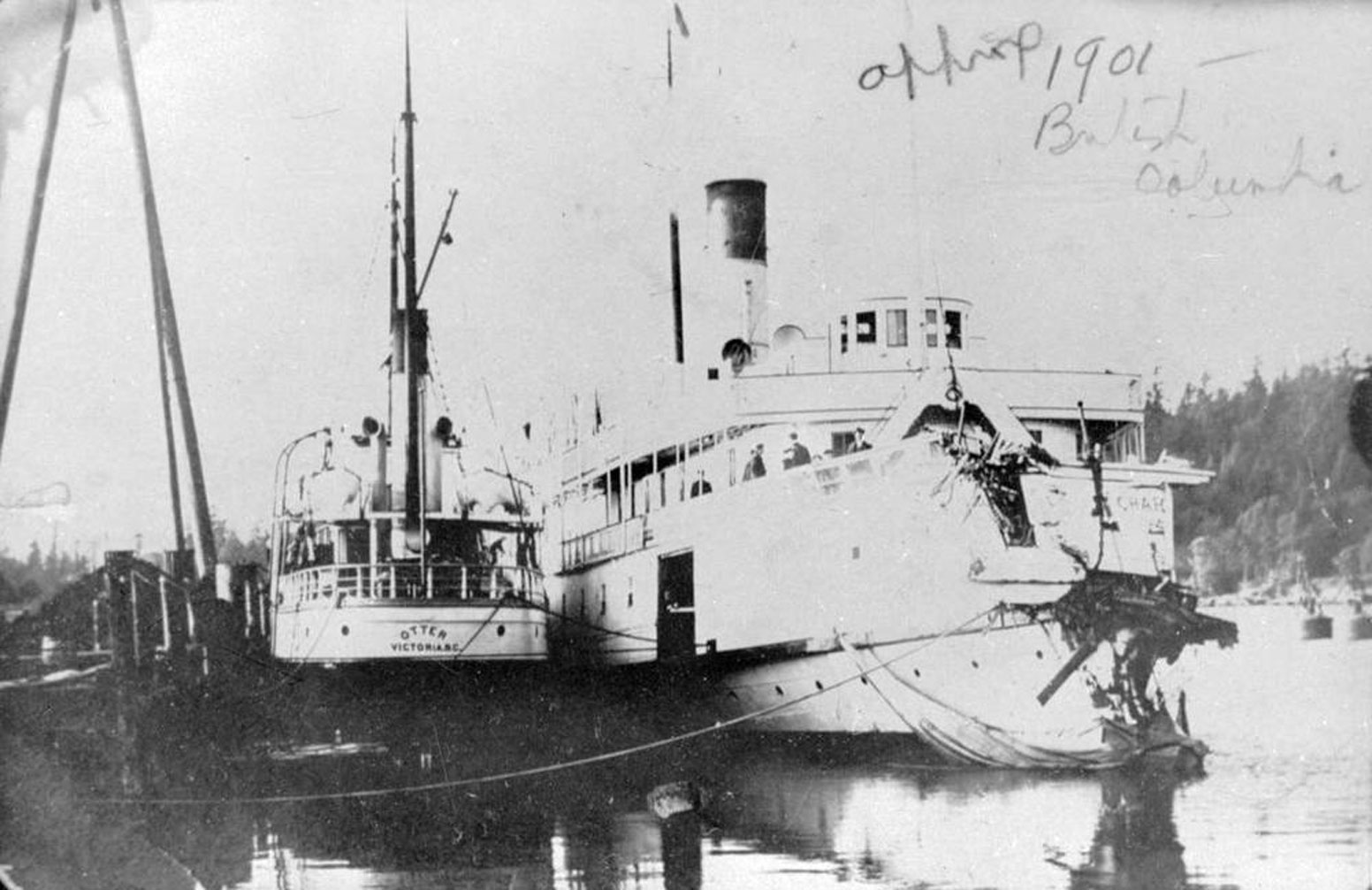 The SS Otter and the SS Charmer docked in Nanaimo, circa 1901. George Thomson Leitch was Chief Engineer on the Otter. (BC Archives photo C-07500)