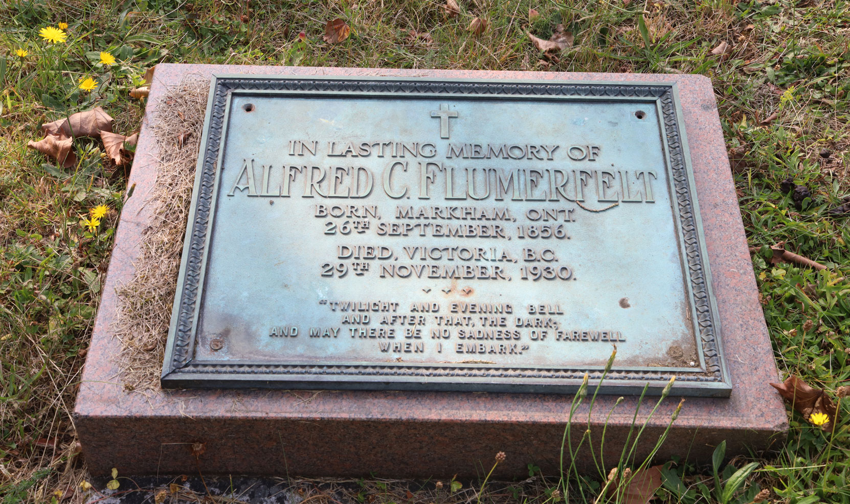 Alfred Cornelius Flumerfelt grave inscription, Ross Bay Cemetery, Victoria, BC (photo: Temple Lodge No. 33 Historian)